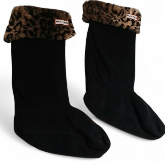 HUNTER Original Tall Boot Socks - Black Fleece / Leopard Faux Fur Cuff, Sz M - Picture 3 of 8